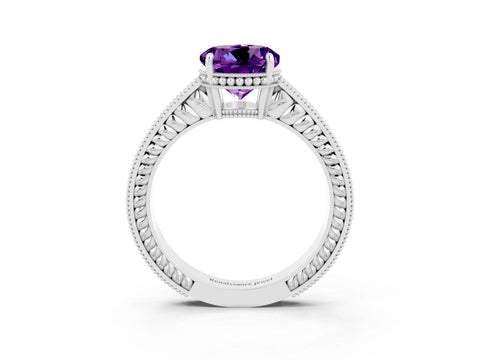 White gold Round Cut Amethyst Ring with Milgrain Pavé Band and Four-Prong Setting_15
