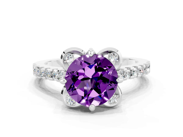 Platinum Round Cut Amethyst Ring with Pavé Band and Floral Prong Setting