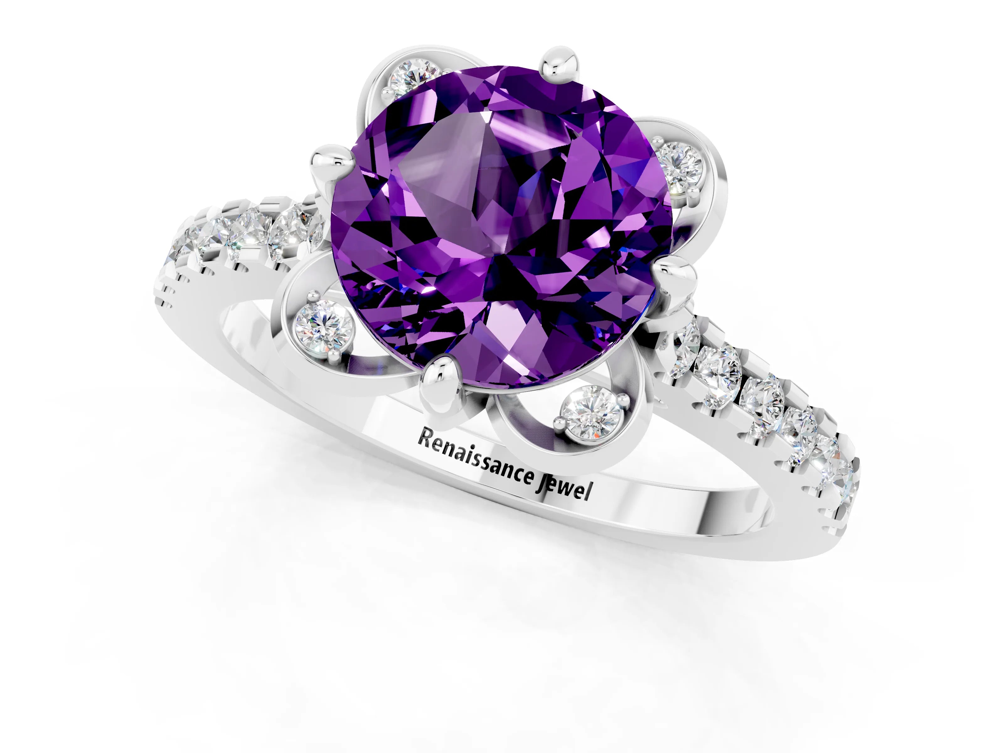 White gold Round Cut Amethyst Ring with Pavé Band and Floral Prong Setting_1