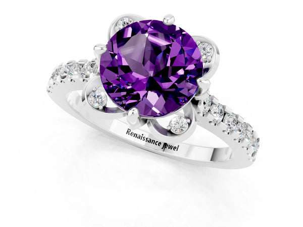 Platinum Round Cut Amethyst Ring with Pavé Band and Floral Prong Setting