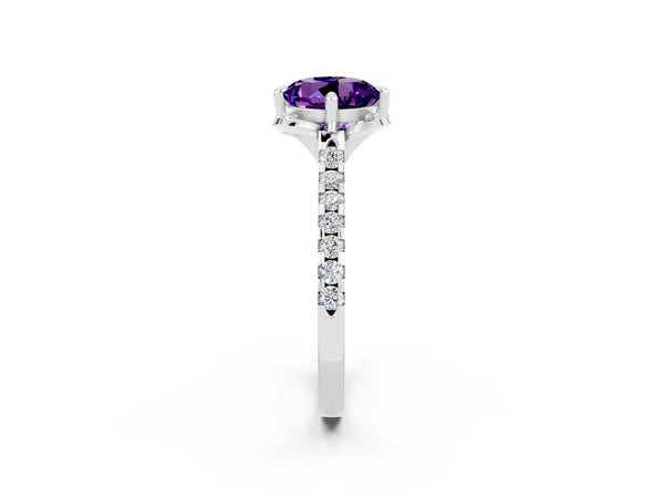 Platinum Round Cut Amethyst Ring with Pavé Band and Floral Prong Setting
