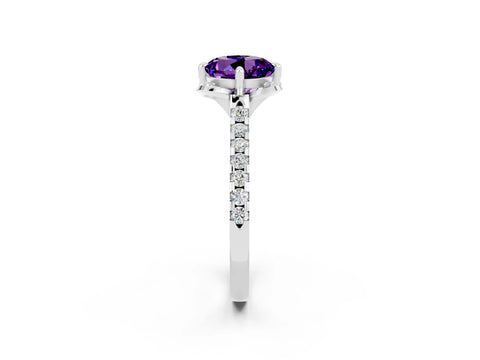 White gold Round Cut Amethyst Ring with Pavé Band and Floral Prong Setting_2