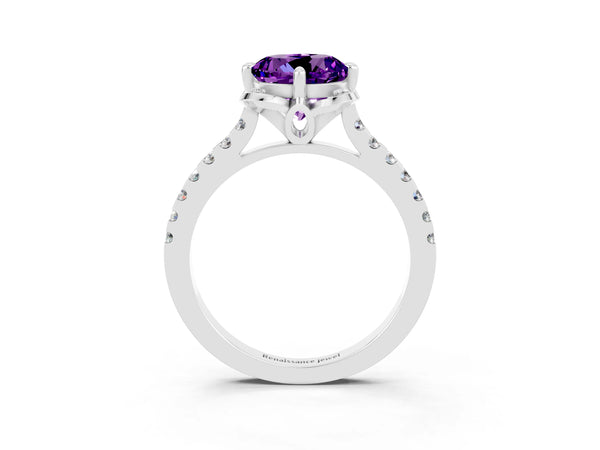 Silver Round Cut Amethyst Ring with Pavé Band and Floral Prong Setting