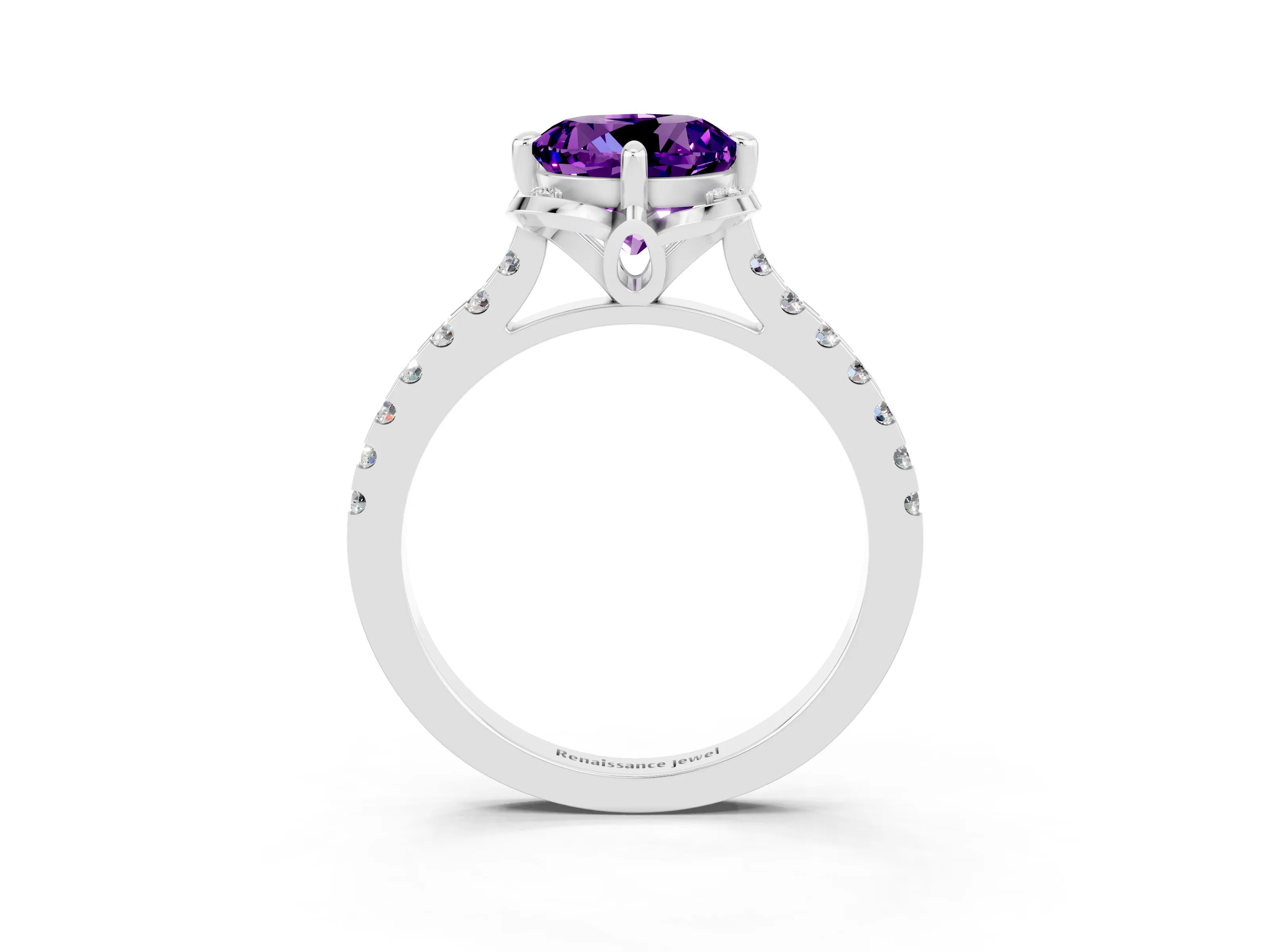 White gold Round Cut Amethyst Ring with Pavé Band and Floral Prong Setting_3