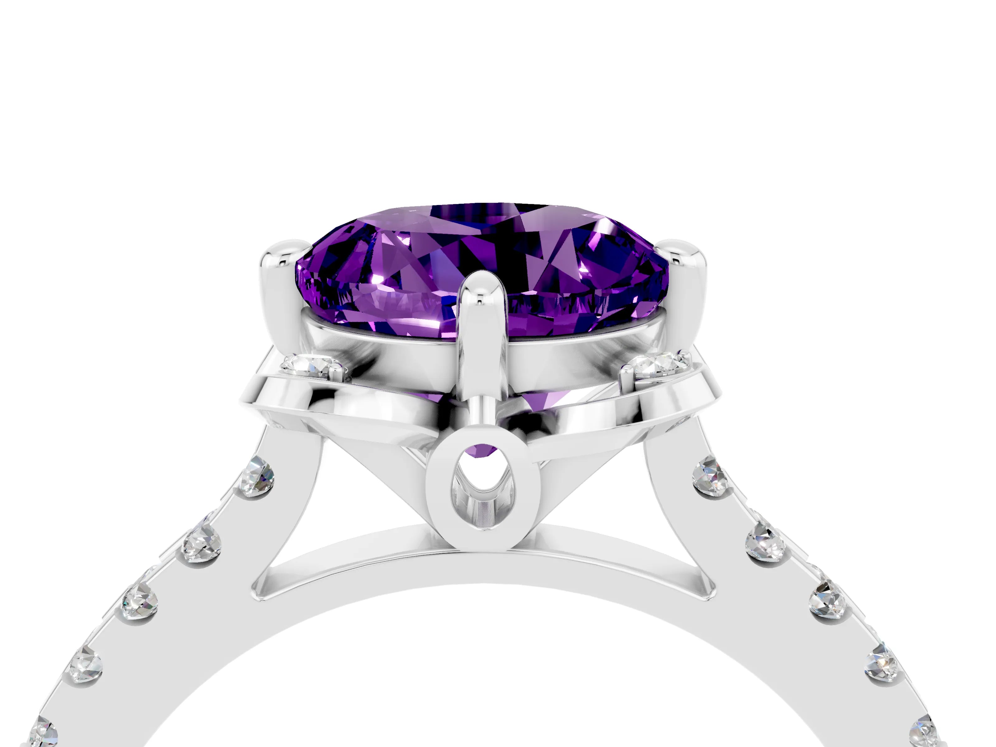 White gold Round Cut Amethyst Ring with Pavé Band and Floral Prong Setting_4