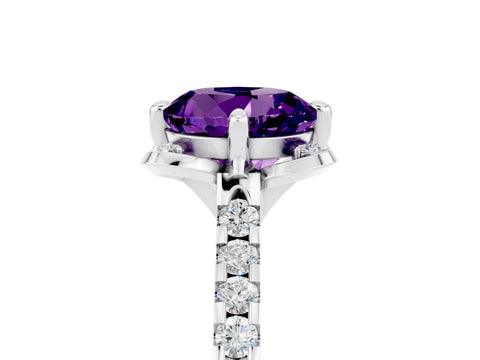 White gold Round Cut Amethyst Ring with Pavé Band and Floral Prong Setting_5