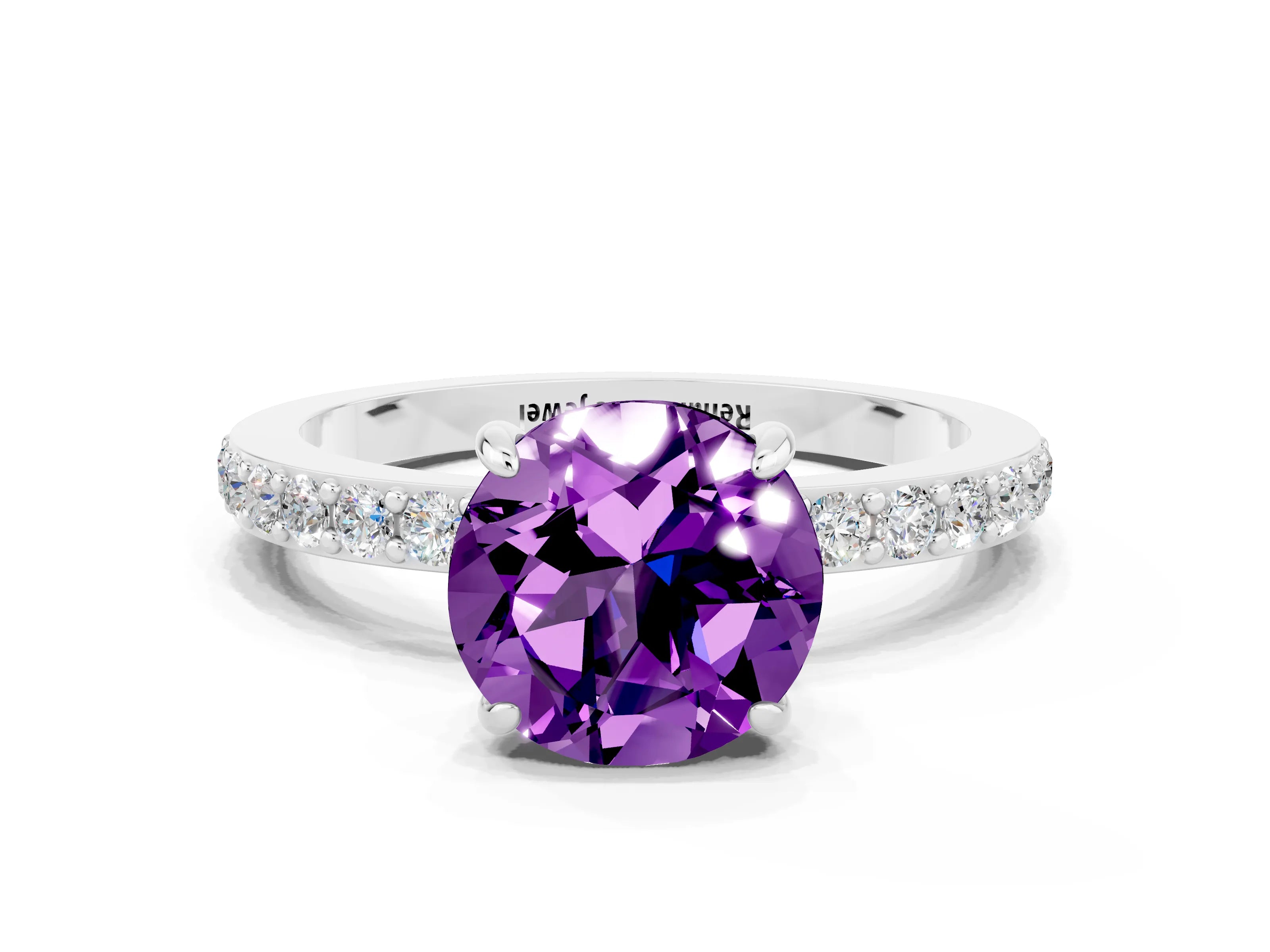 White gold Round Cut Amethyst Ring with Pavé Band and Four-Prong Setting