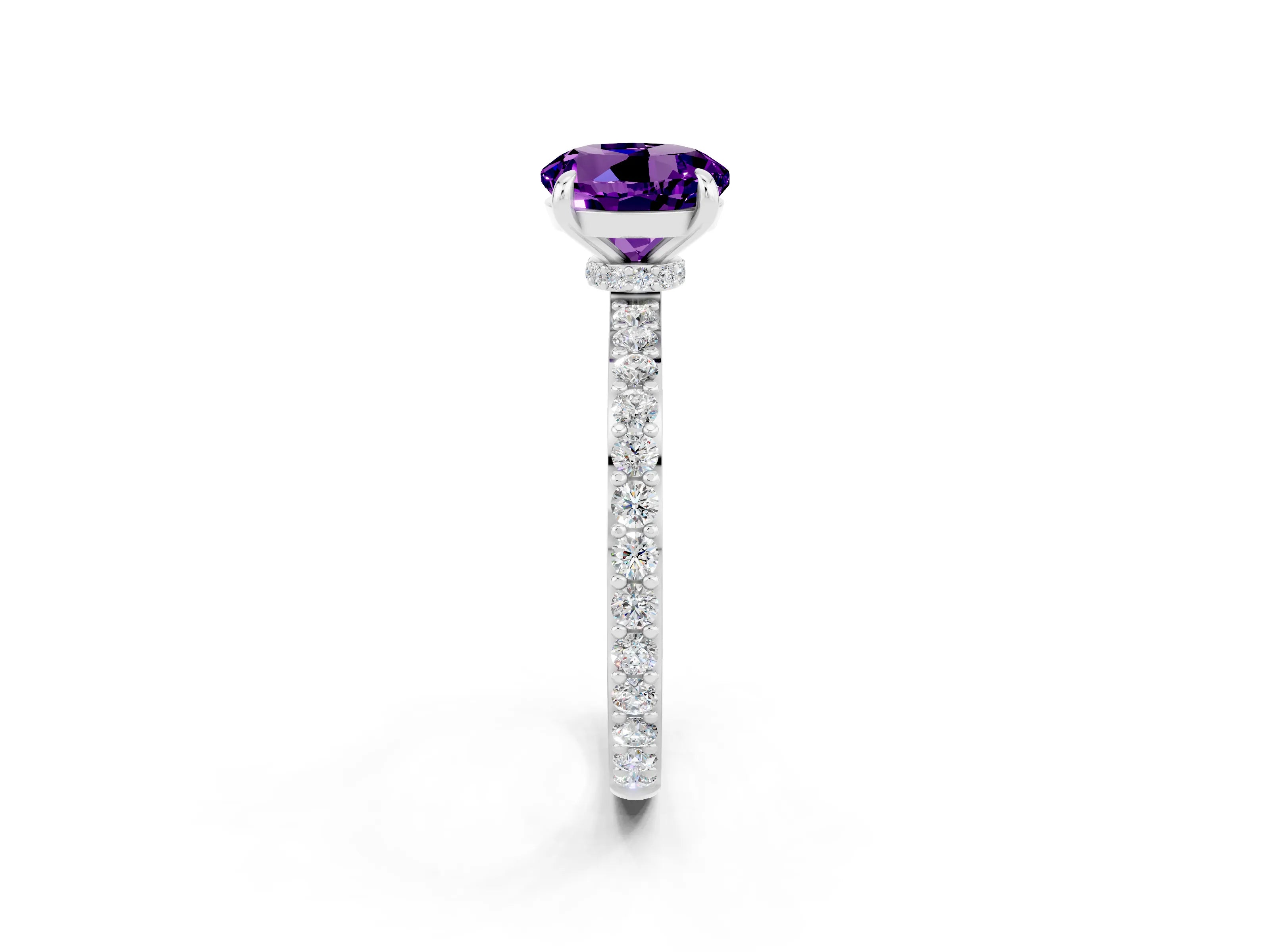White gold Round Cut Amethyst Ring with Pavé Band and Four-Prong Setting_2