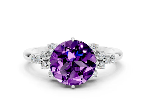 White gold Round Cut Amethyst Ring with Side Stones and Four-Prong Setting_36