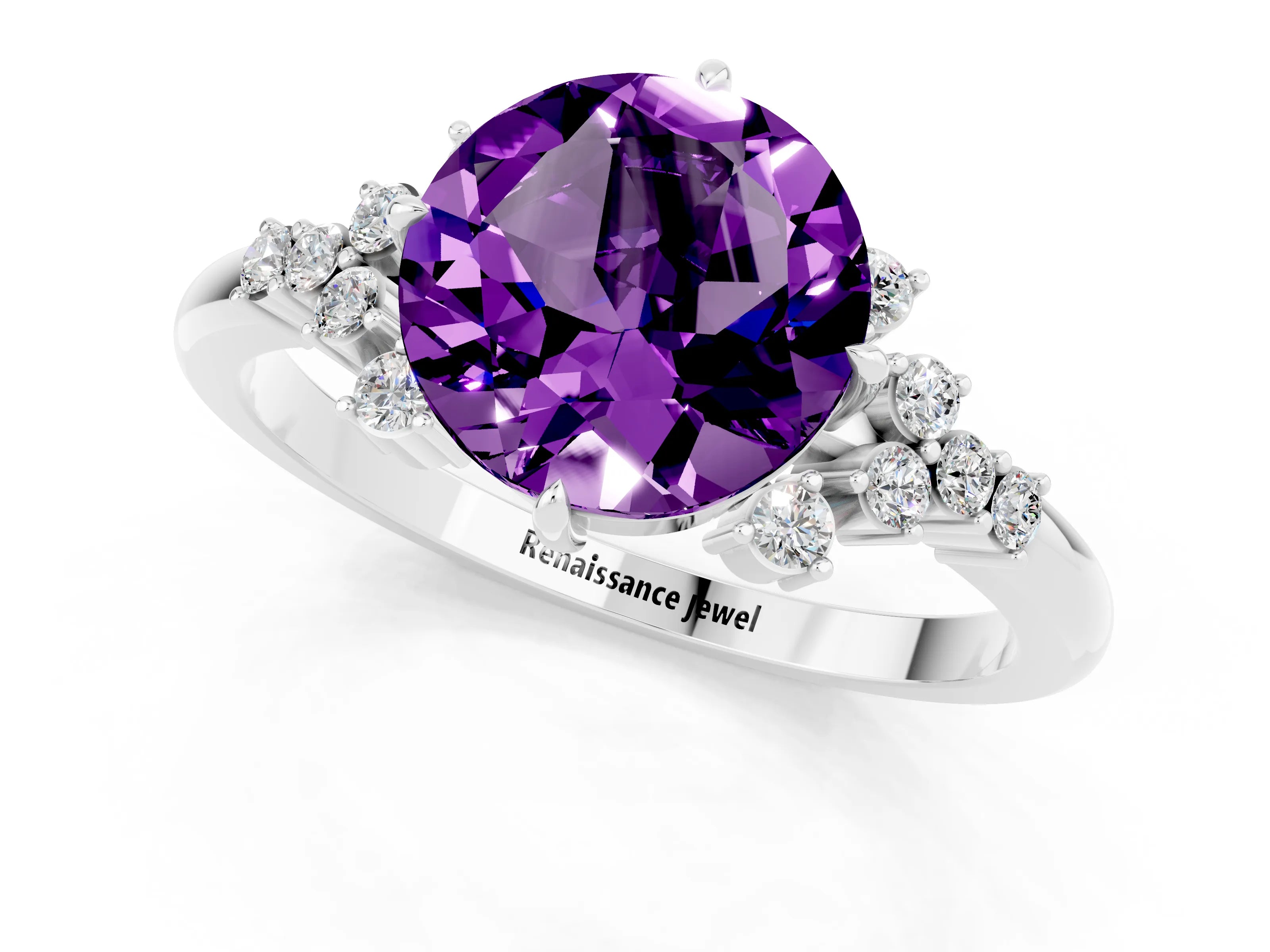 White gold Round Cut Amethyst Ring with Side Stones and Four-Prong Setting_37