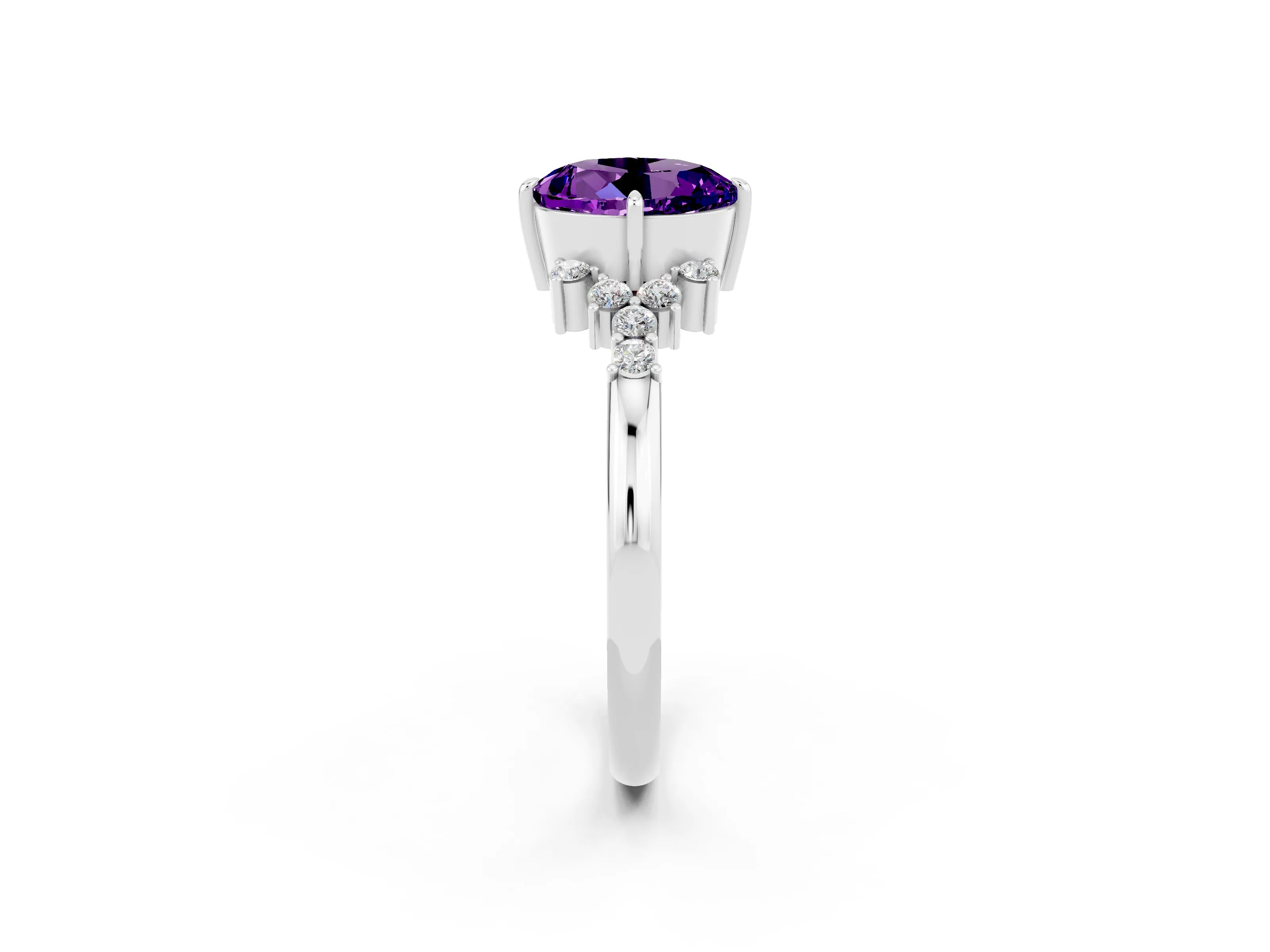 White gold Round Cut Amethyst Ring with Side Stones and Four-Prong Setting_38