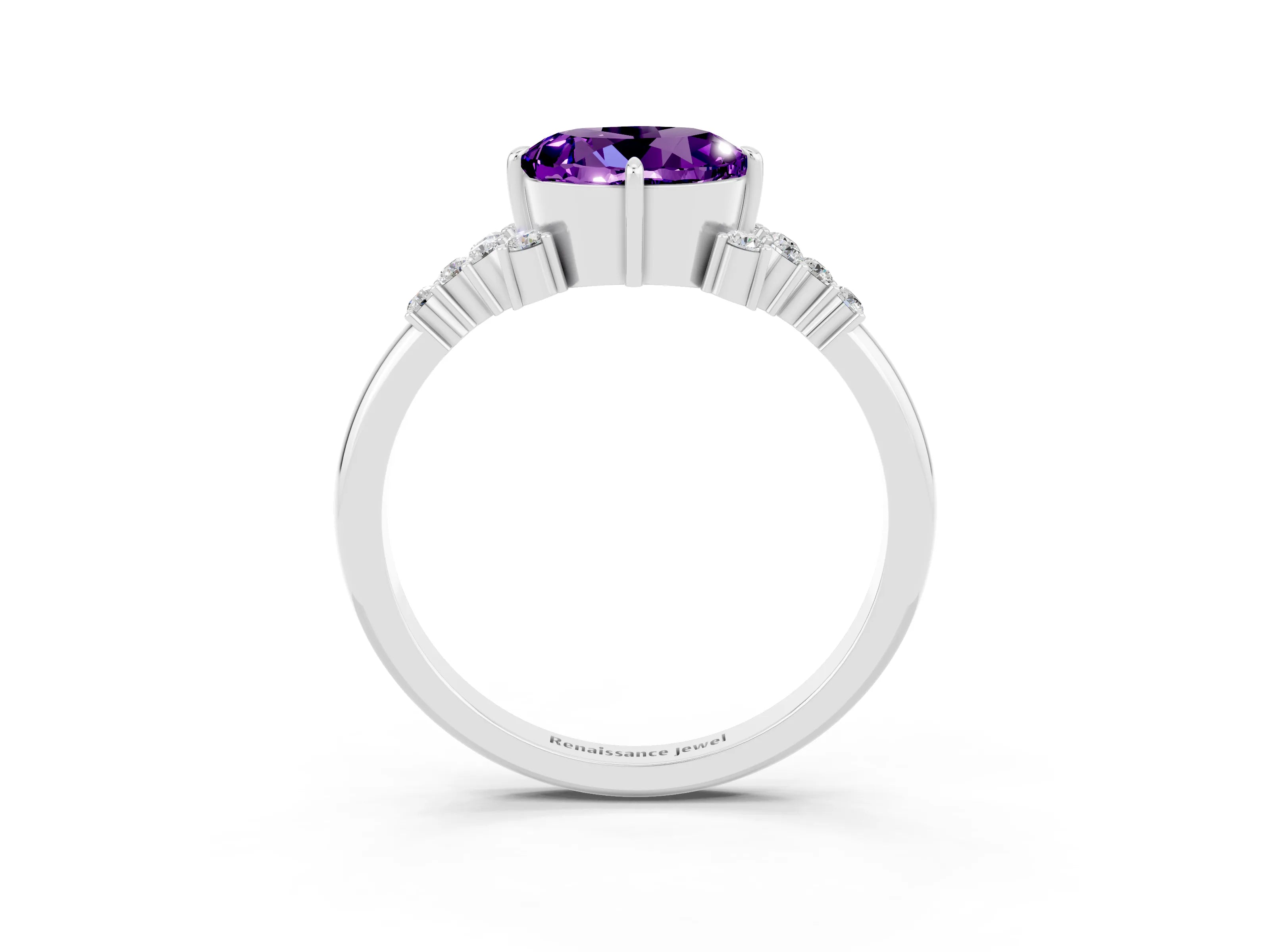 White gold Round Cut Amethyst Ring with Side Stones and Four-Prong Setting_39