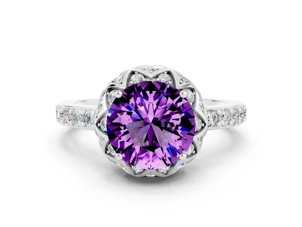 Platinum Round Cut Amethyst Scalloped Halo Engagement Ring with Round Shared Prong Band