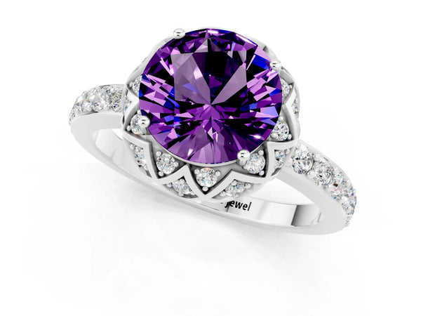 Silver Round Cut Amethyst Scalloped Halo Engagement Ring with Round Shared Prong Band