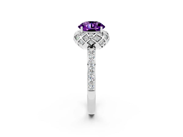 Silver Round Cut Amethyst Scalloped Halo Engagement Ring with Round Shared Prong Band