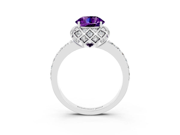 Platinum Round Cut Amethyst Scalloped Halo Engagement Ring with Round Shared Prong Band