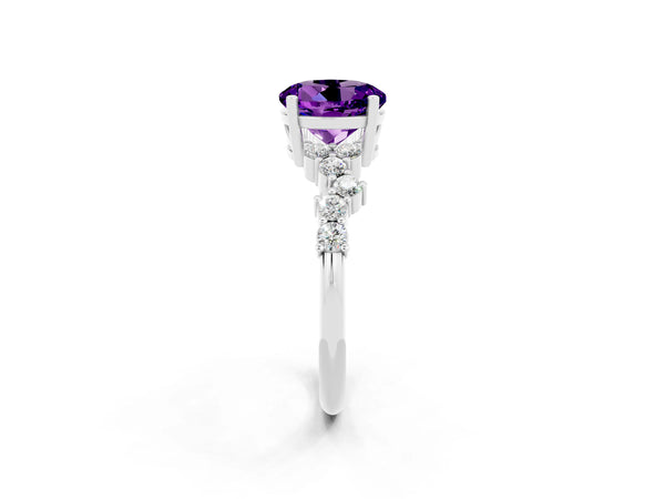 White Gold Round Amethyst Scattered Accent Engagement Ring with Open X Gallery