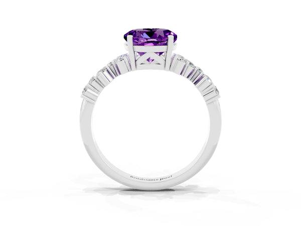 White Gold Round Amethyst Scattered Accent Engagement Ring with Open X Gallery