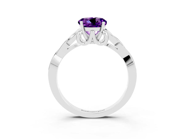 Platinum Round Cut Amethyst Solitaire Celtic Knot Ring with Four-Prong Setting