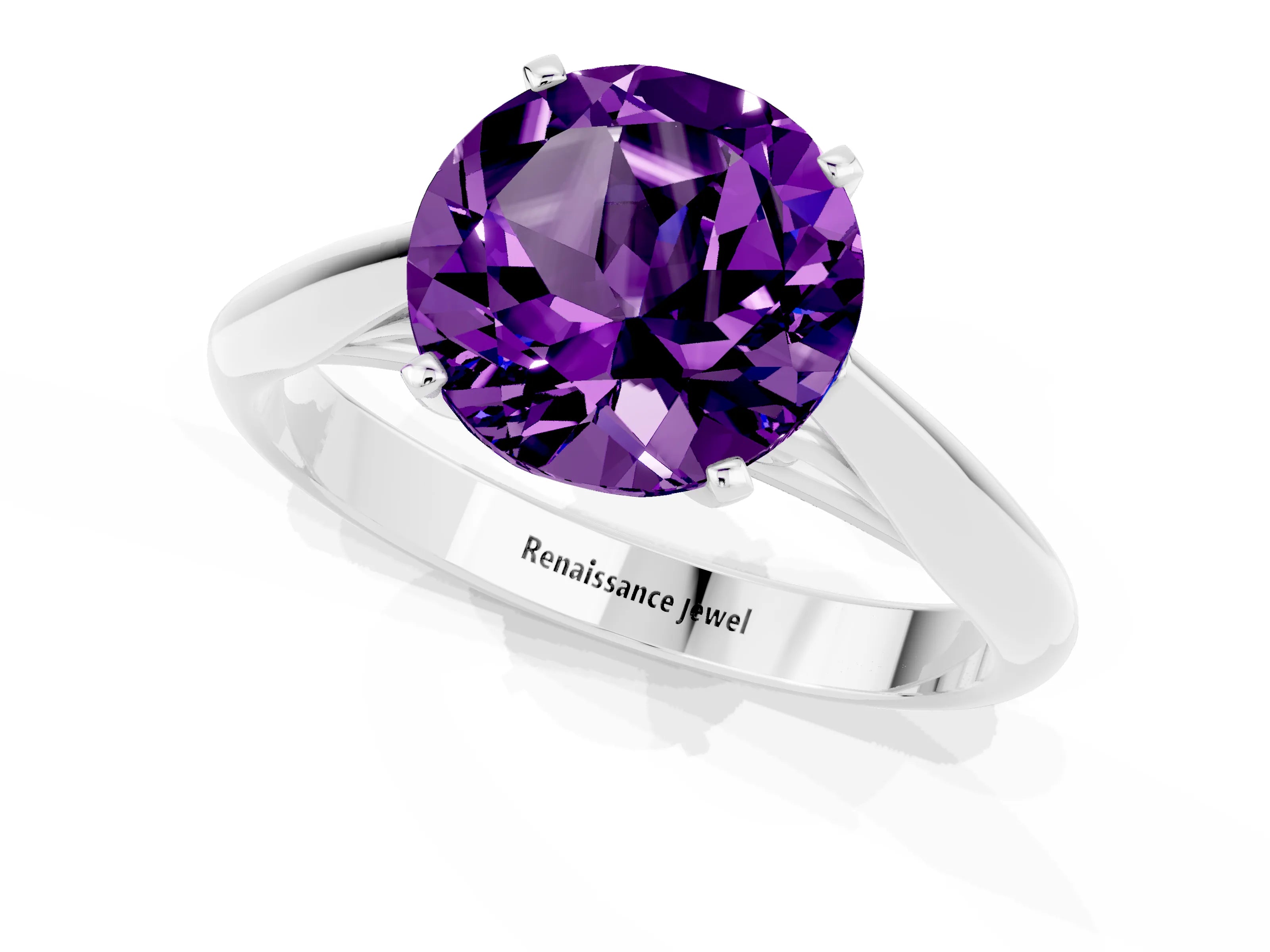 White gold Round Cut Amethyst Solitaire Engagement Ring with Cathedral Setting and Four-Prong Mount_25