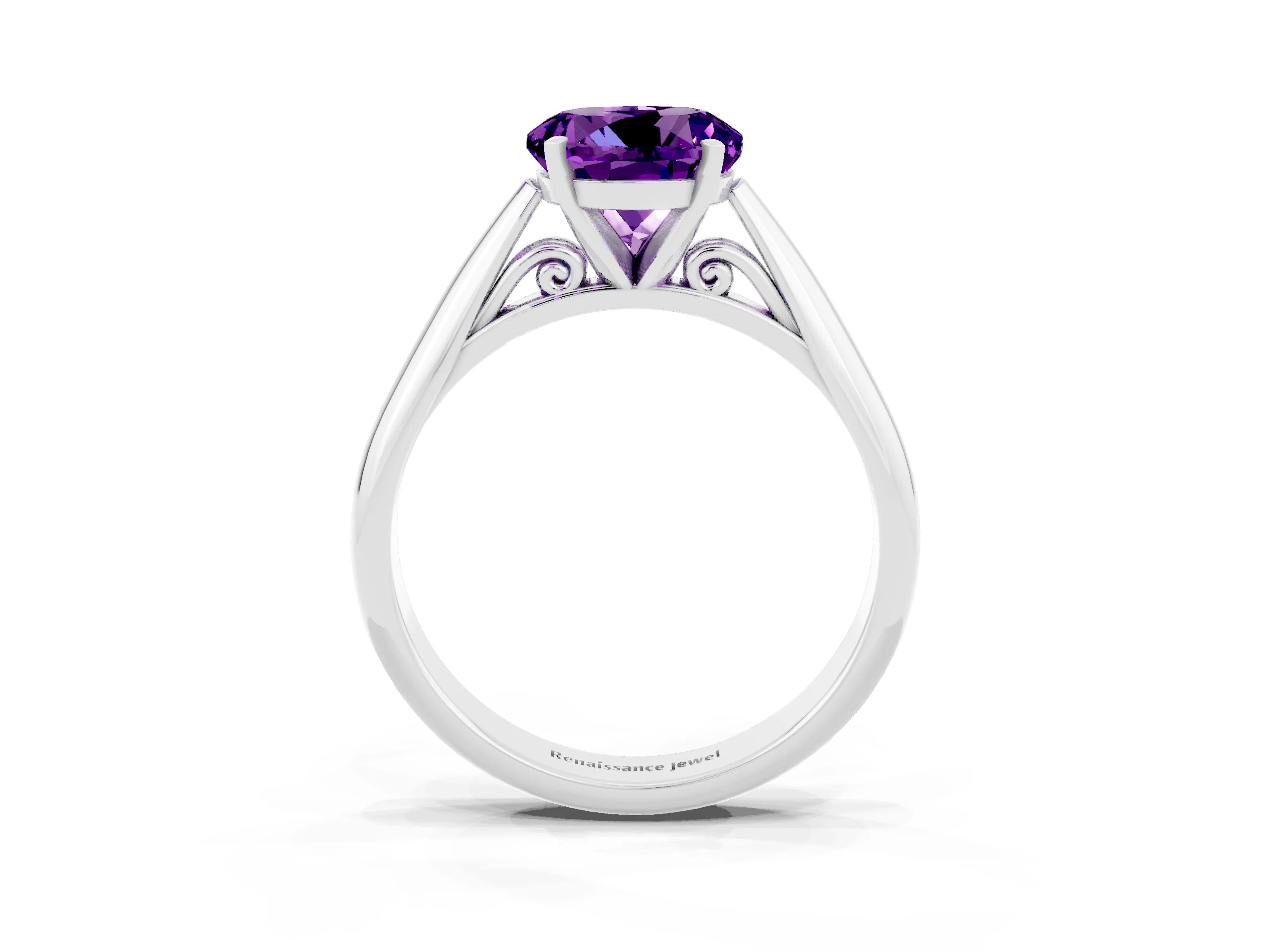 White gold Round Cut Amethyst Solitaire Engagement Ring with Cathedral Setting and Four-Prong Mount_27
