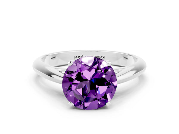 White gold Round Cut Amethyst Solitaire Engagement Ring with Cathedral Setting and Four-Prong Mount