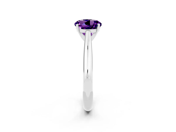 White gold Round Cut Amethyst Solitaire Engagement Ring with Cathedral Setting and Four-Prong Mount