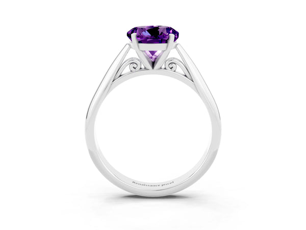 White gold Round Cut Amethyst Solitaire Engagement Ring with Cathedral Setting and Four-Prong Mount