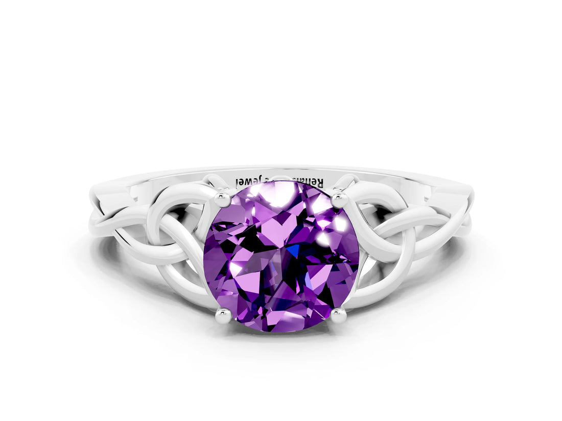 White gold Round Cut Amethyst Solitaire Engagement Ring with Celtic Knot Band and Four-Prong Setting