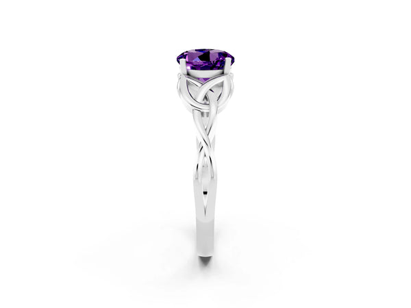 Platinum Round Cut Amethyst Solitaire Engagement Ring with Celtic Knot Band and Four-Prong Setting