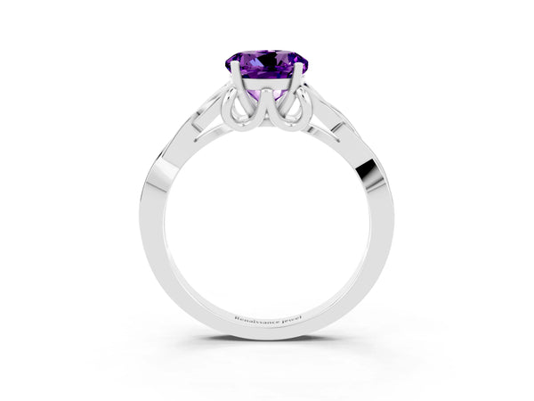 White gold Round Cut Amethyst Solitaire Engagement Ring with Celtic Knot Band and Four-Prong Setting