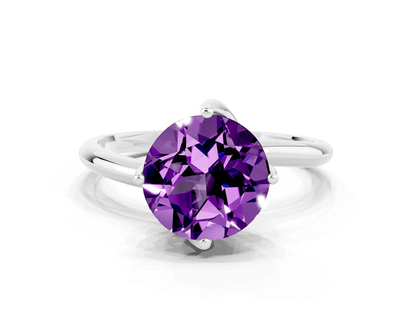 Silver Round Cut Amethyst Solitaire Engagement Ring with Four-Prong Setting and Classic Band