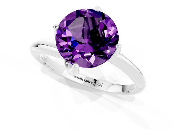 Platinum Round Cut Amethyst Solitaire Engagement Ring with Four-Prong Setting and Classic Band