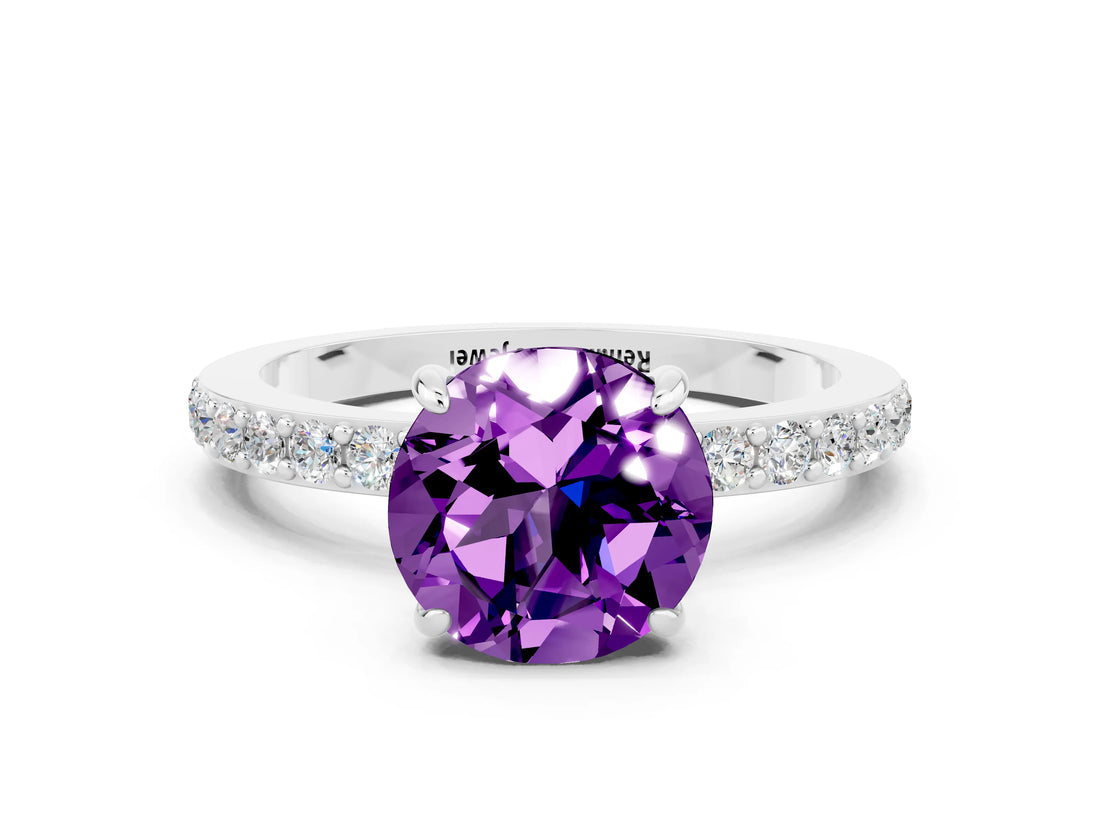 White gold Round Cut Amethyst Solitaire Engagement Ring with Pavé Band and Four-Prong Setting