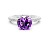 White gold Round Cut Amethyst Solitaire Engagement Ring with Pavé Band and Four-Prong Setting