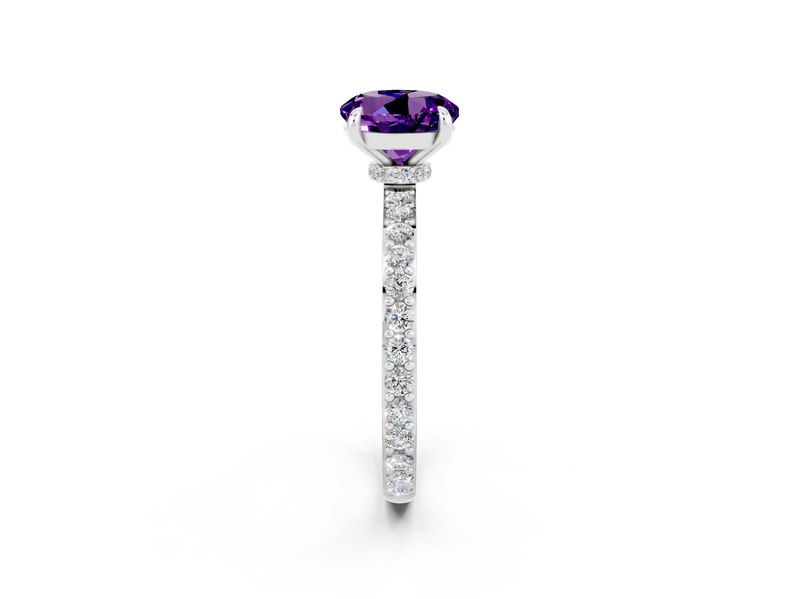 White gold Round Cut Amethyst Solitaire Engagement Ring with Pavé Band and Four-Prong Setting_2