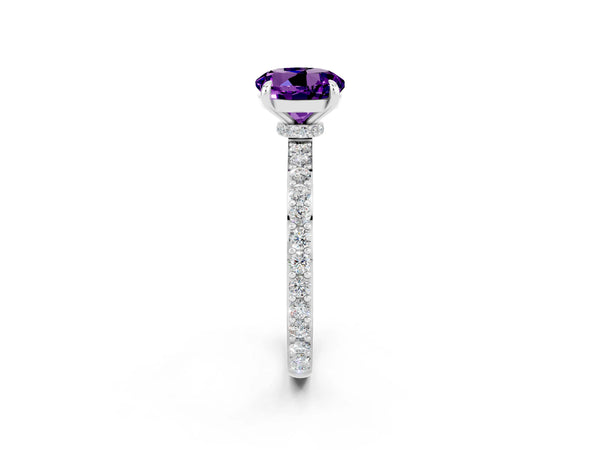White gold Round Cut Amethyst Solitaire Engagement Ring with Pavé Band and Four-Prong Setting