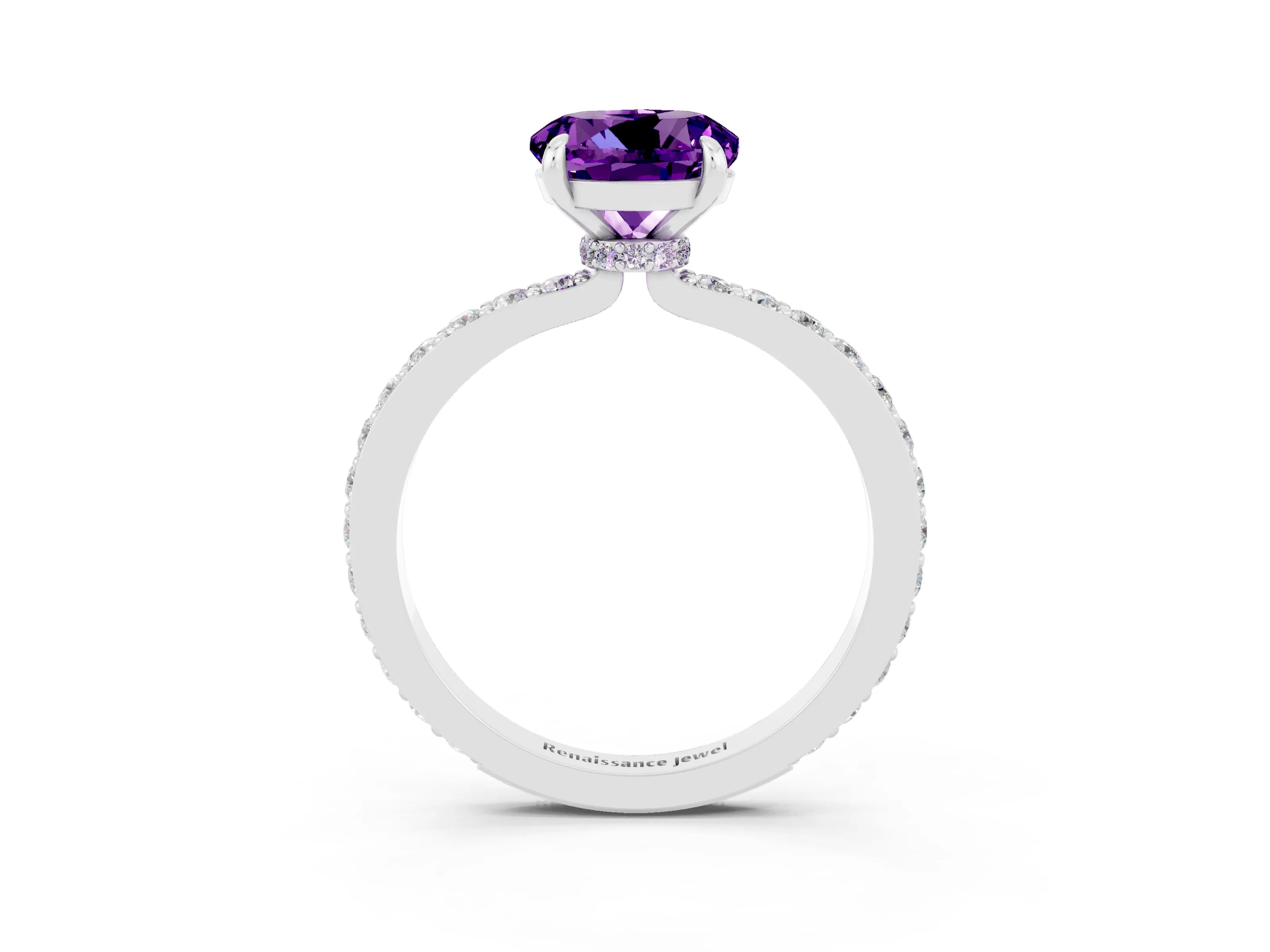 White gold Round Cut Amethyst Solitaire Engagement Ring with Pavé Band and Four-Prong Setting_3