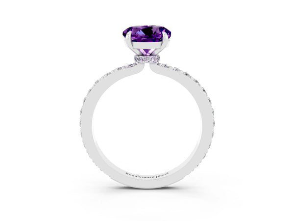 Platinum Round Cut Amethyst Solitaire Engagement Ring with Pavé Band and Four-Prong Setting