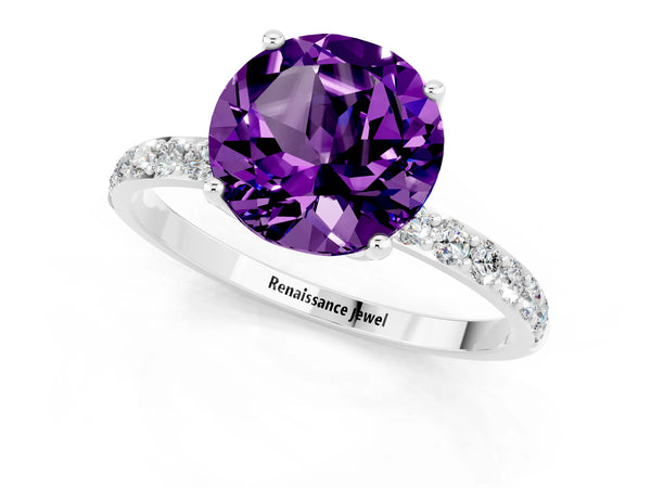 Platinum Round Cut Amethyst Solitaire Engagement Ring with Round  Pavé Band and Prong Setting