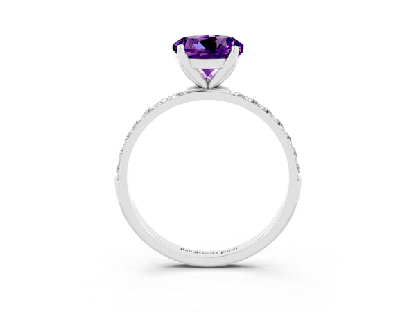 Platinum Round Cut Amethyst Solitaire Engagement Ring with Round  Pavé Band and Prong Setting