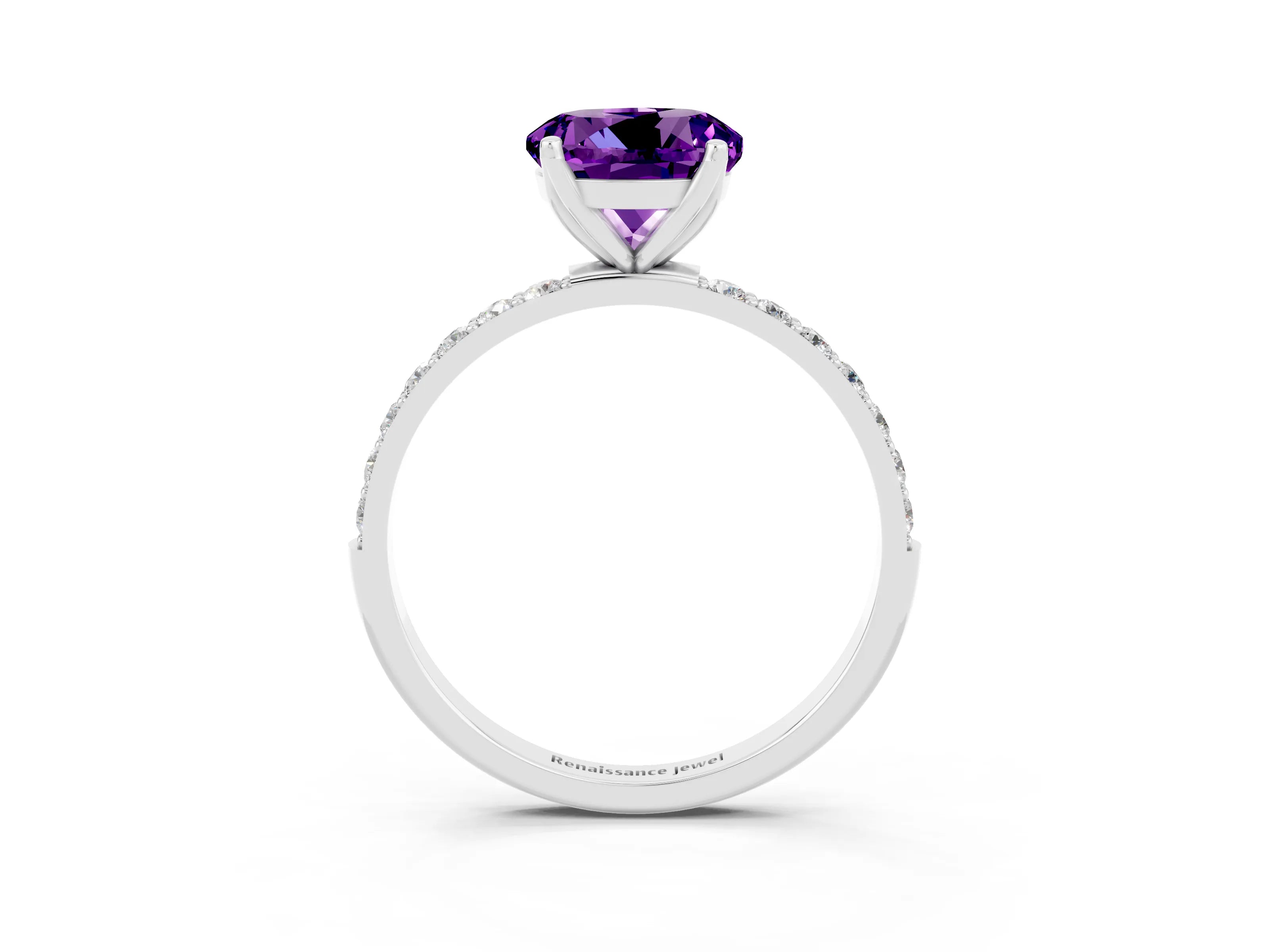 White gold Round Cut Amethyst Solitaire Engagement Ring with Pavé Band and Prong Setting_3