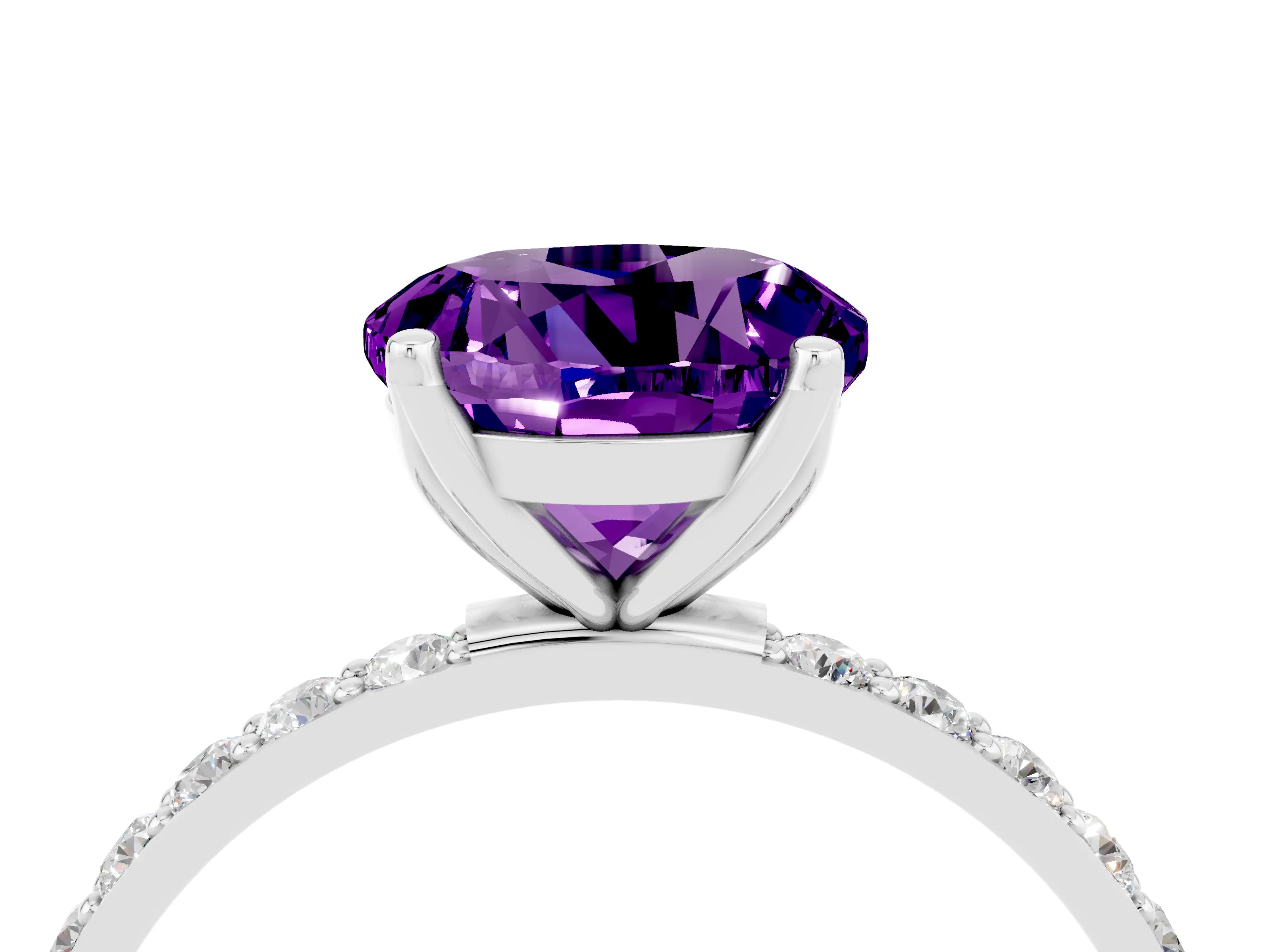 White gold Round Cut Amethyst Solitaire Engagement Ring with Pavé Band and Prong Setting_4