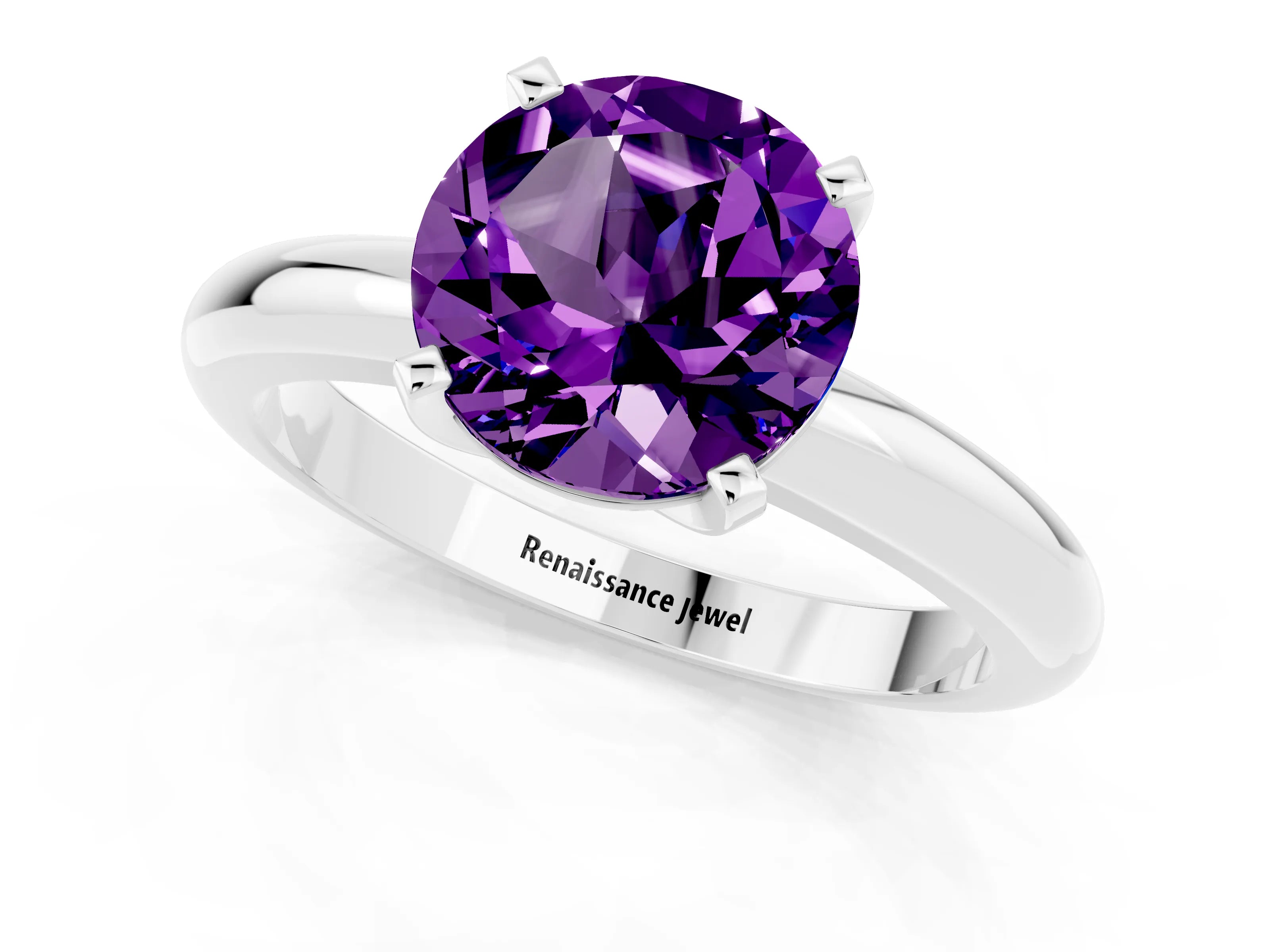 White gold Round Cut Amethyst Solitaire Engagement Ring with Round Band and Four-Prong Setting_1
