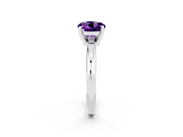 Platinum Round Cut Amethyst Solitaire Engagement Ring with Round Band and Four-Prong Setting