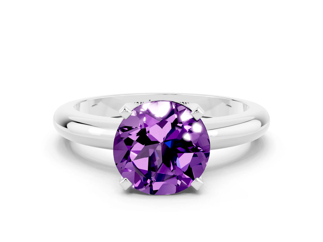 White gold Round Cut Amethyst Solitaire Engagement Ring with Round Band and Four-Prong Setting