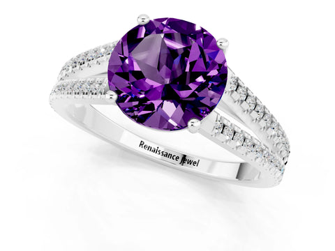 White gold Round Cut Amethyst Solitaire Engagement Ring with Split Shank Pavé Band_1
