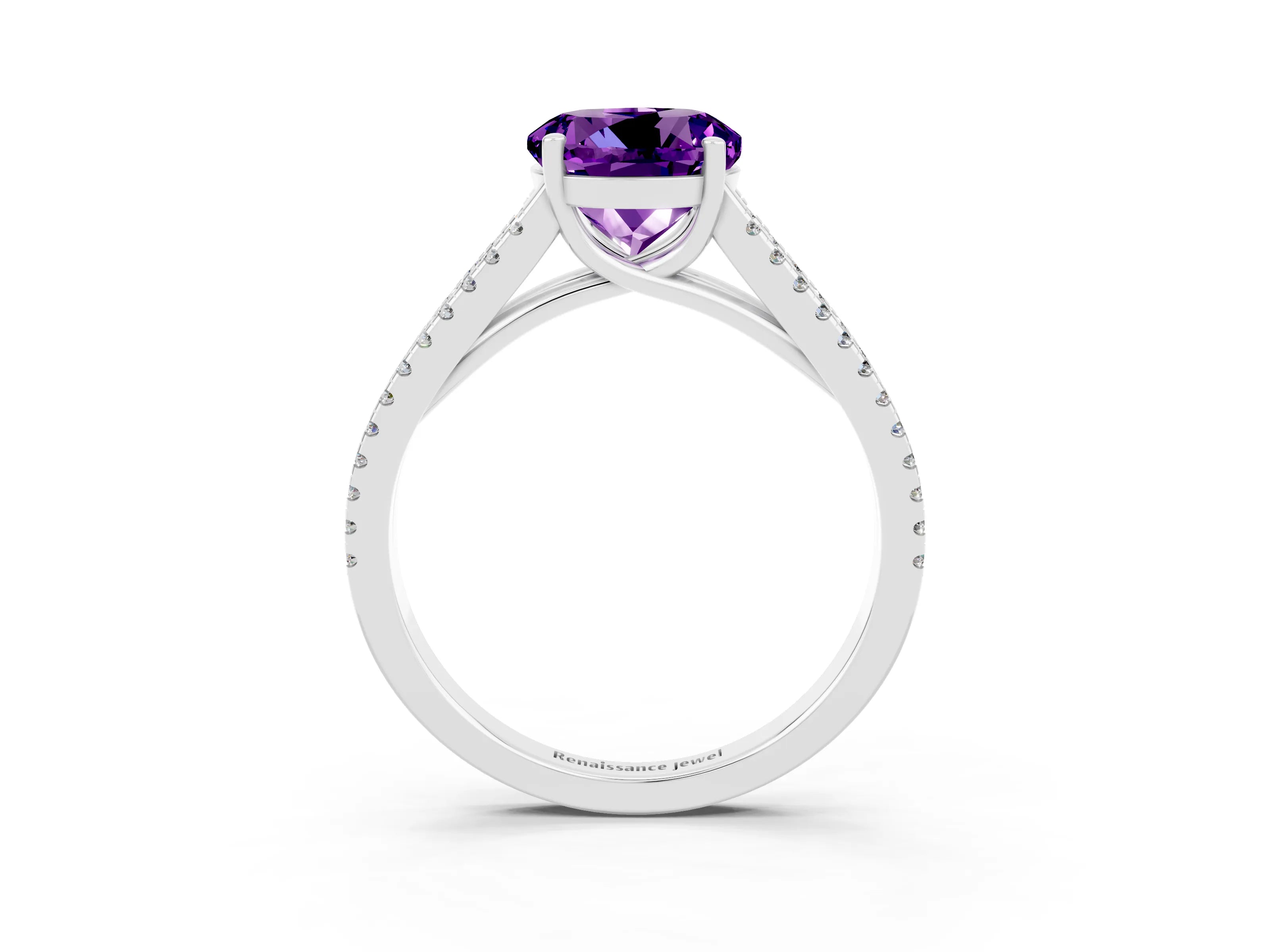 White gold Round Cut Amethyst Solitaire Engagement Ring with Split Shank Pavé Band_3