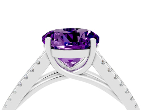 White gold Round Cut Amethyst Solitaire Engagement Ring with Split Shank Pavé Band_4