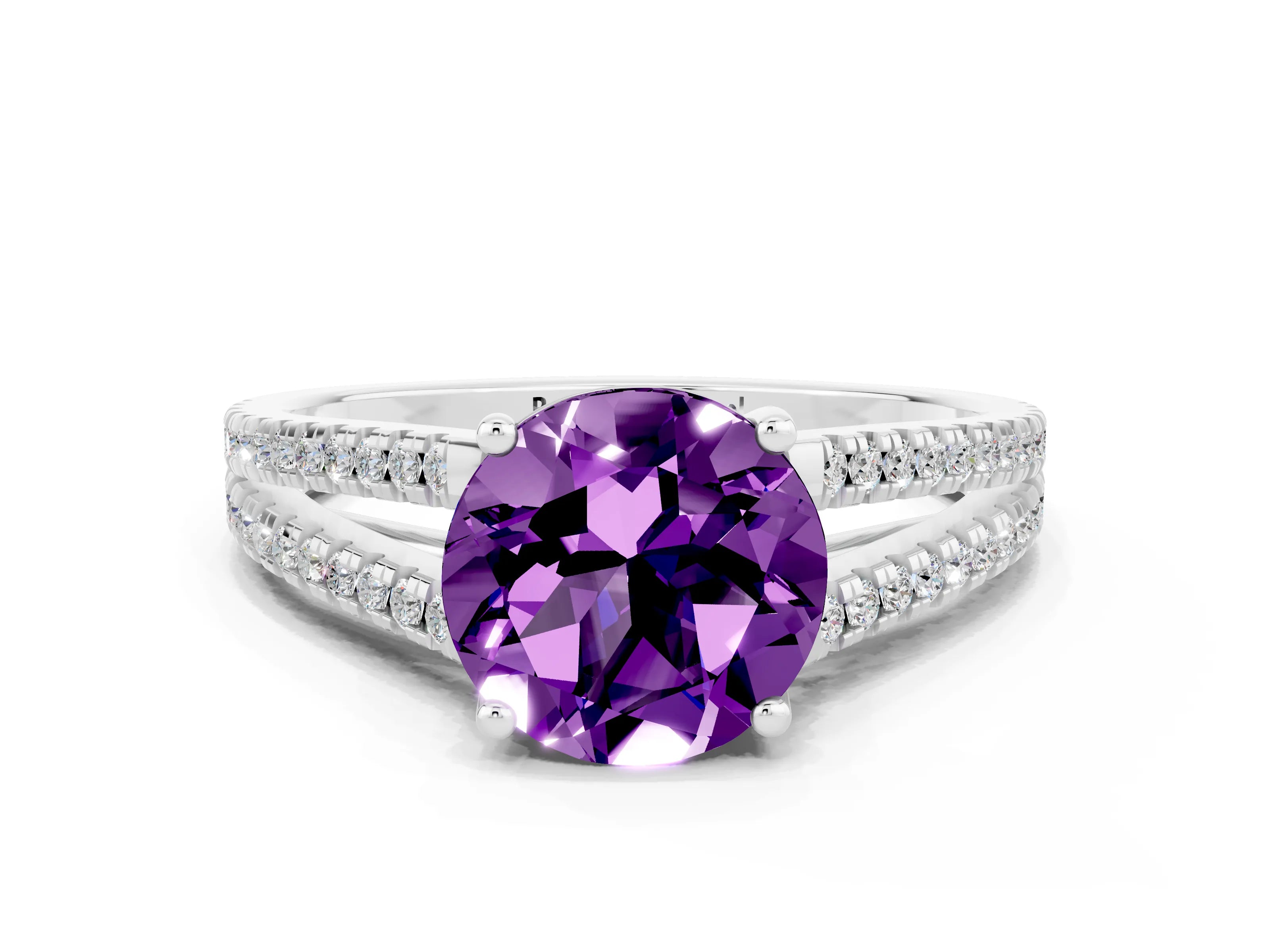 White gold Round Cut Amethyst Solitaire Engagement Ring with Split Shank Pavé Band